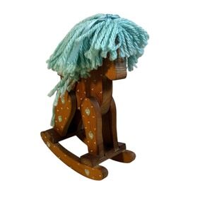 VTG 1980s Wooden Rocking Horse Teal Yarn‎ Mane Heart Folk Art Country Kitsch